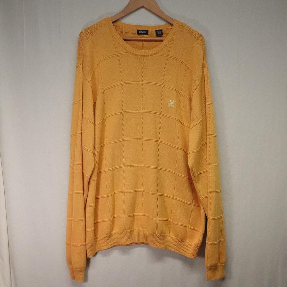 IZOD Sweater Mens 2XL Yellow Geometric Knit Crewneck Pullover Logo Made Japan